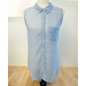 Liz Claiborne Sheer Button Down Sleeveless Blouse Blue Geometric Pattern Size L